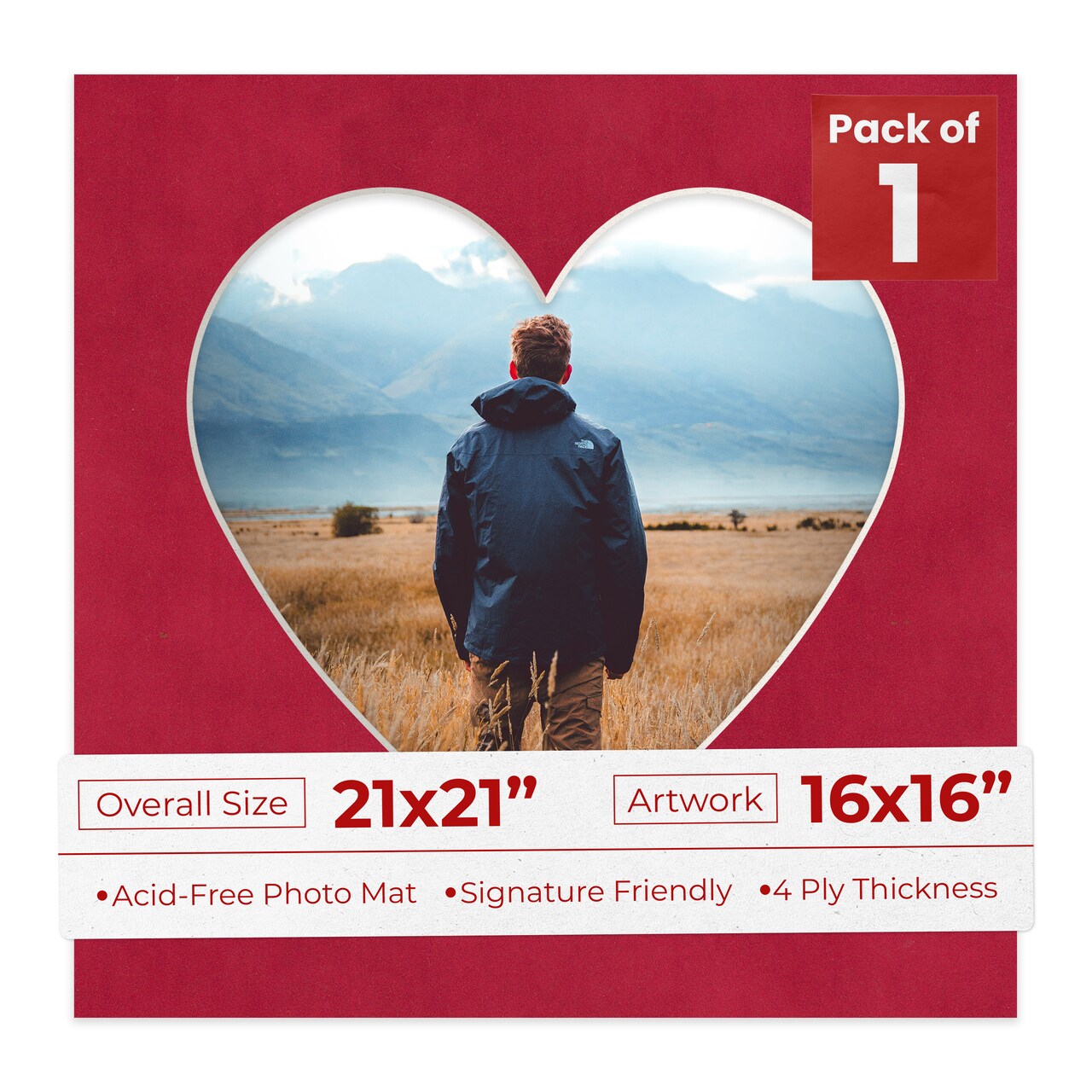 Red Suede Mat Board for 21x21 Frames - Heart Opening for 16x16 Photos